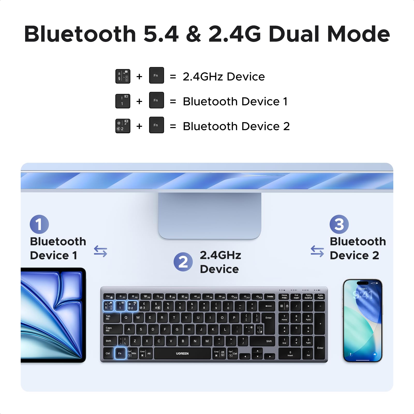 UGREEN Wireless Keyboard, Bluetooth Keyboard with UK Layout, Mini and Rechargeable Ergonomic Keyboard, BT5.4 &2.4GHz Dual Modes, Connect 3 Devices, for ipad/PC/Tablet, Windows/macOS/Android/Linux,etc. - 3