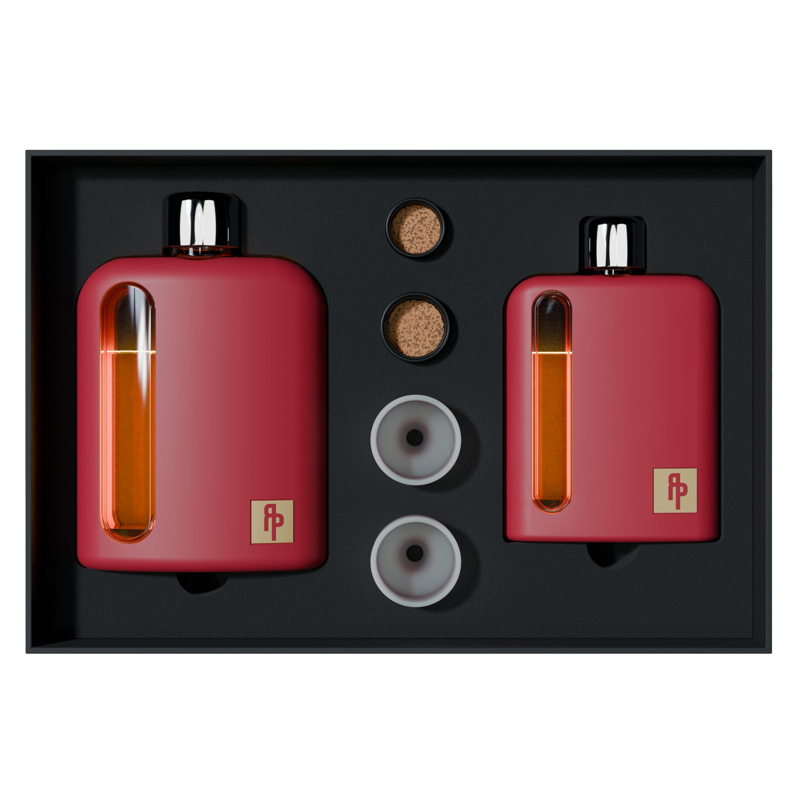 Ragproper Modern Glass Hip Flask for Men | Cork & Silicone Lid Liner | Sturdy Grip | Curved Edge | Durable Silicone Covered Flask for Whiskey | Liquor | Split | 100ml Single+240ml Double | Red
