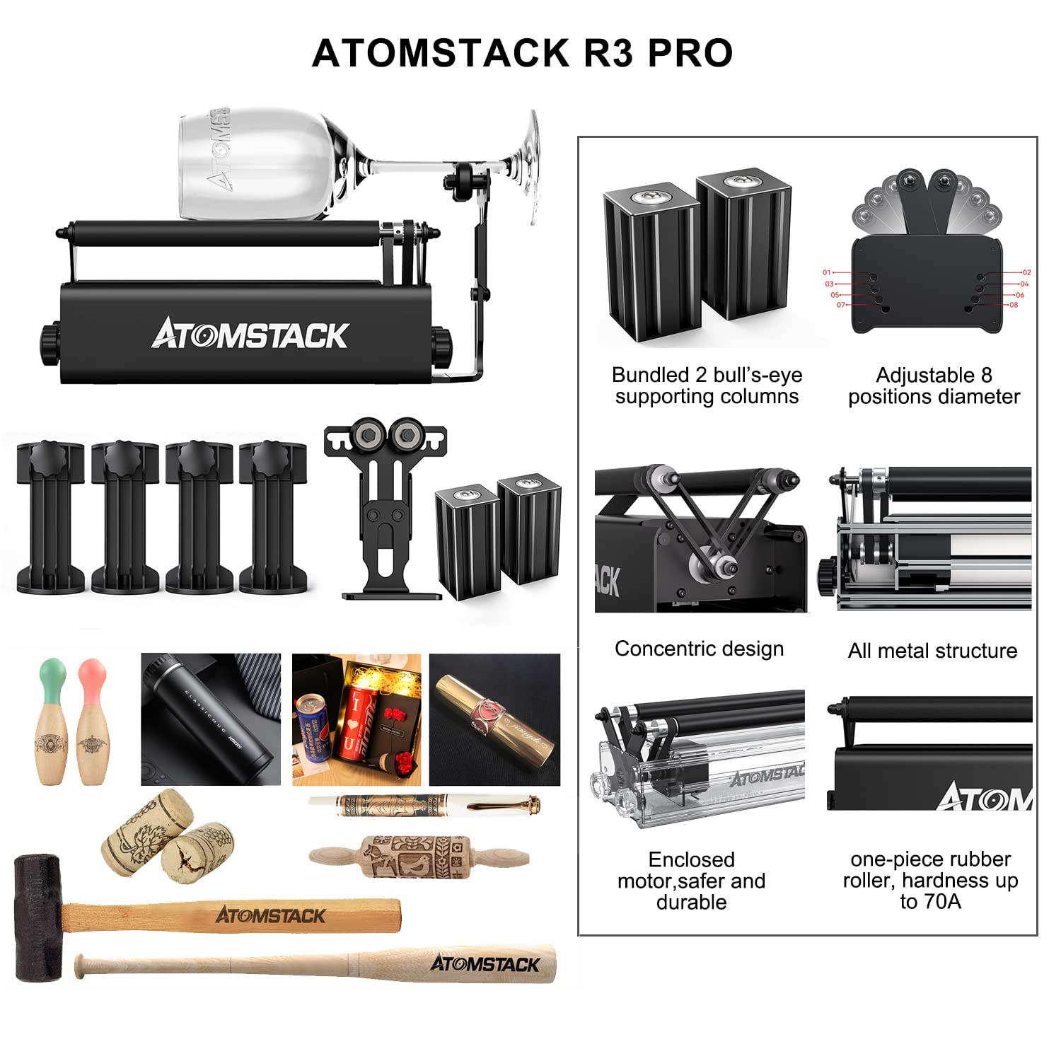 ATOMSTACK A20 PRO V2 Laser Graviermaschine 120W mit R3 Pro Laser Rotationswalze, 20W Ausgangsleistung hohe Genauigkeit Laserschneider & Gravurgerät für DIY Holz Metall Acryl Leder