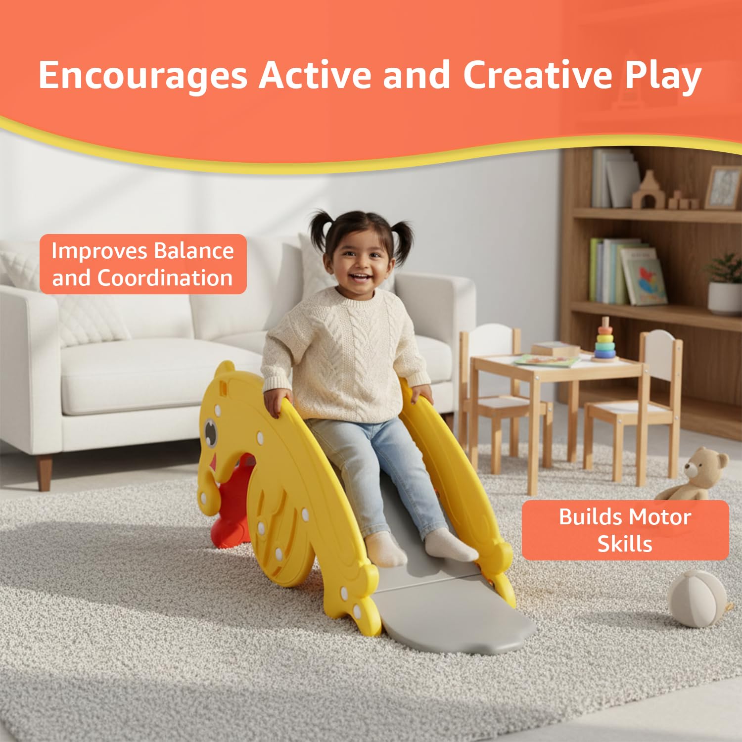 Amazon Brand β Jam & Honey 2-in-1 Foldable Slide and Rocker for Toddlers | Small | Indoor & Outdoor | Safe for Boys & Girls | Age 18+ Months - 3 Years | Easy Assembly | Gift Ready 4