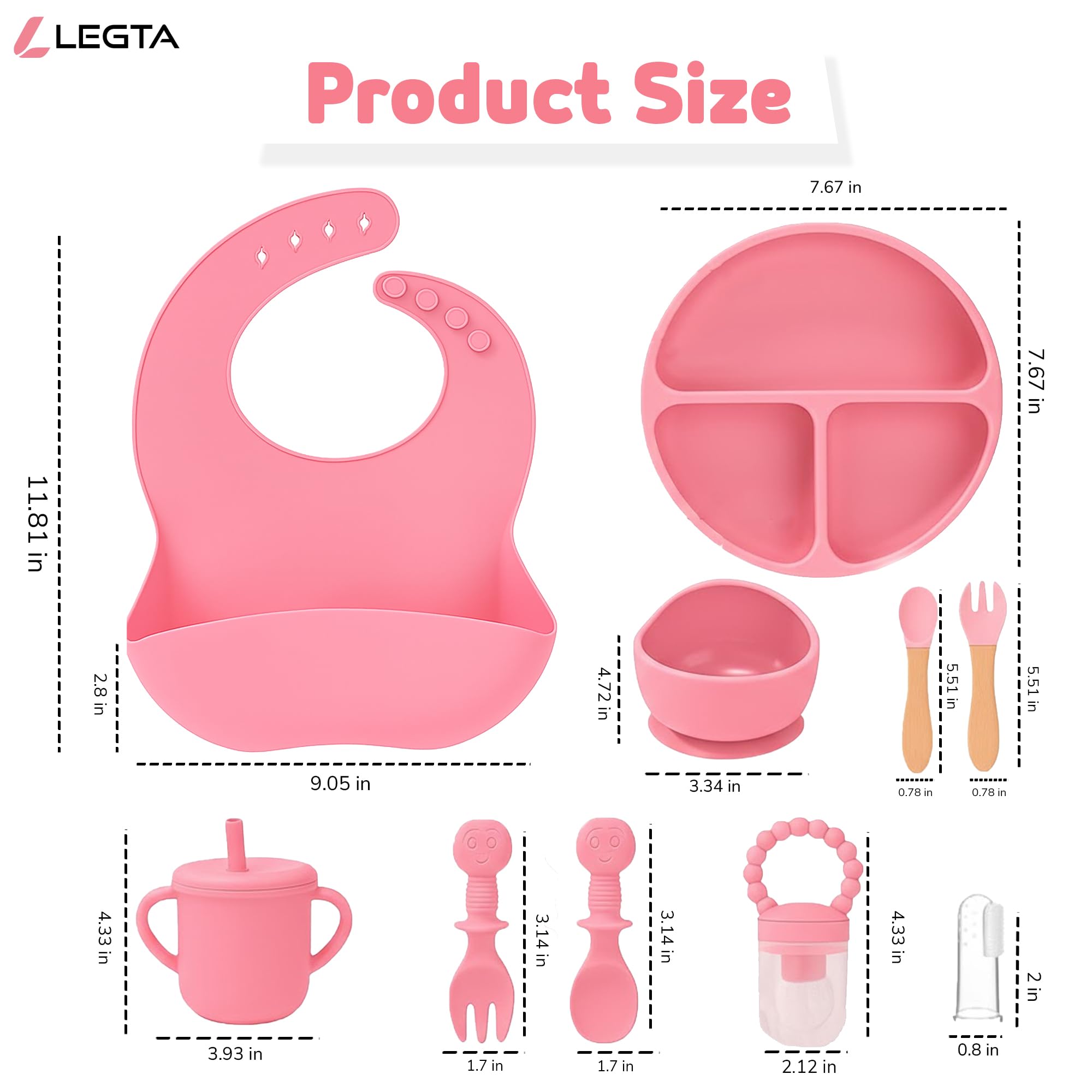 Set per lo svezzamento del bambino, in silicone rosa, con piatto, ciotola, tazza, cucchiaio, forchetta, bavaglino, 11 pezzi, per uso alimentare, lavabile in lavastoviglie (rosa)