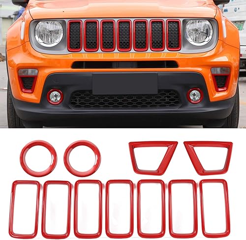 YOCTM Accesorios para Jeep Renegade 2019 2020 2021, insertos de rejilla delantera, cubierta de malla + marco de luz antiniebla delantera + bisel de