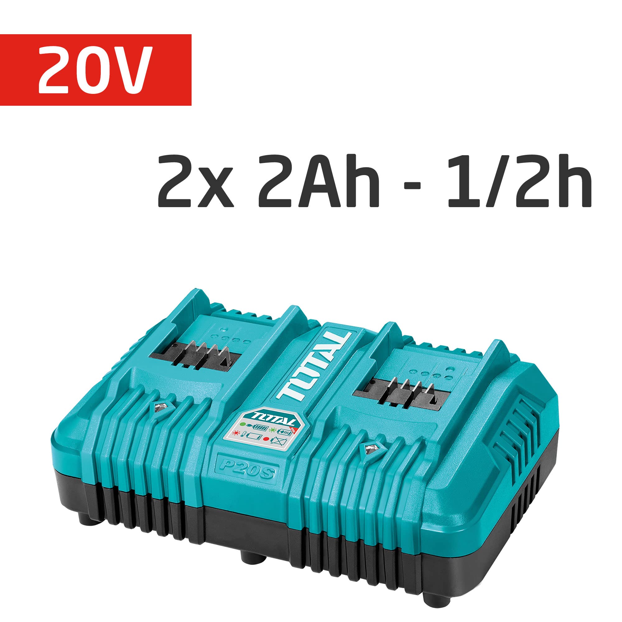 TOTAL - Caricabatterie Rapido Doppio da 20 V, Caricabatterie a Due Porte per Strumento Portatile, Velocità di Ricarica: Batterie 2 Ah in 1/2 h, Compatibile con Strumenti Elettrici P20S