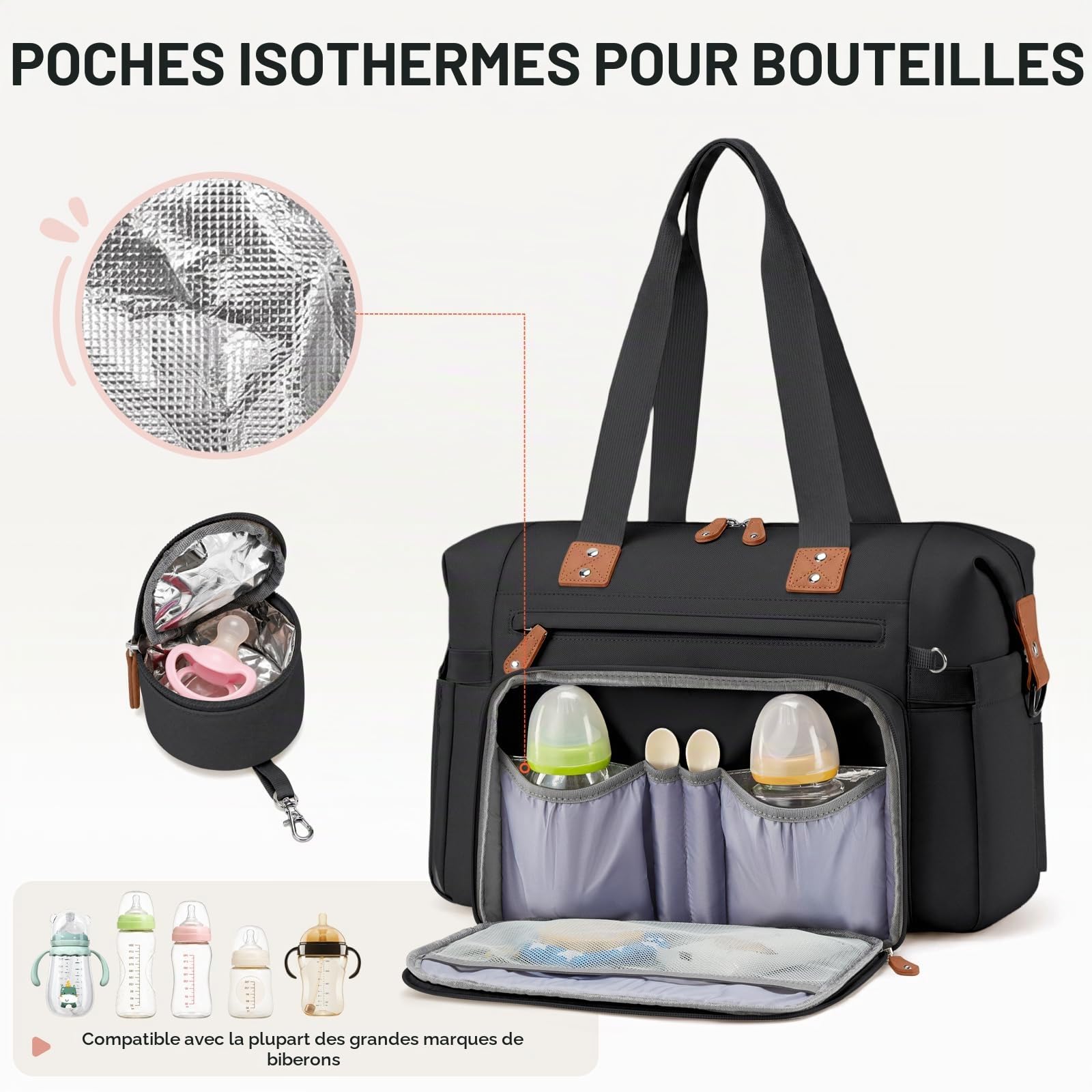 RAINSMORE Sac a Langer Bebe Grande Capacité avec Matelas a Langer | Sac a Langer Fourre-Tout pour Maman Papa Imperméable avec Porte-Sucette Poche Isotherme sac maternité Voyage Noir