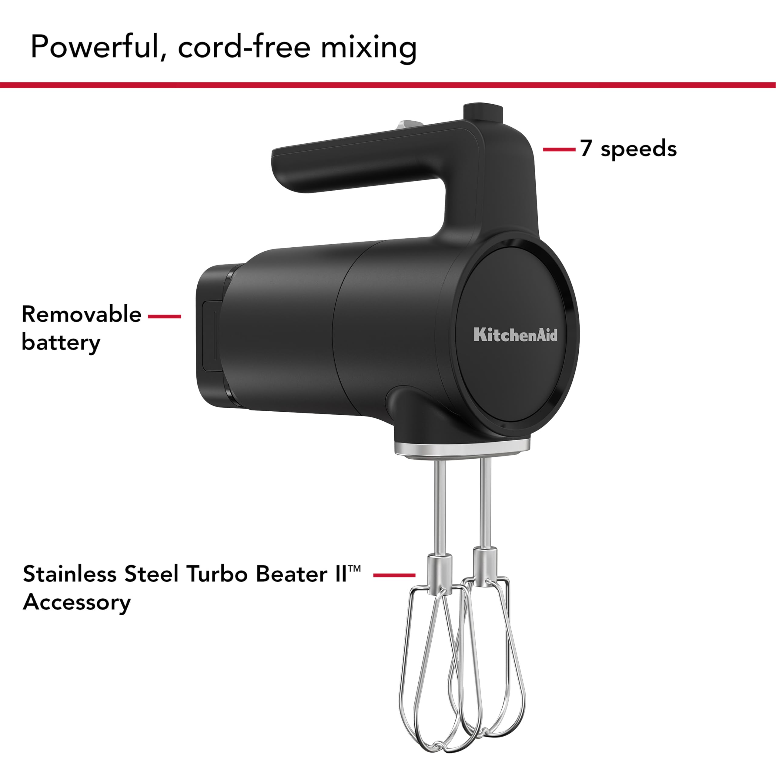 Kitchenaid Batteur à main sans fil - Go Cordless - Batteur électrique avec 7 niveaux de vitesse - 2 Fouets Turbo - Batterie Inclus - Noir