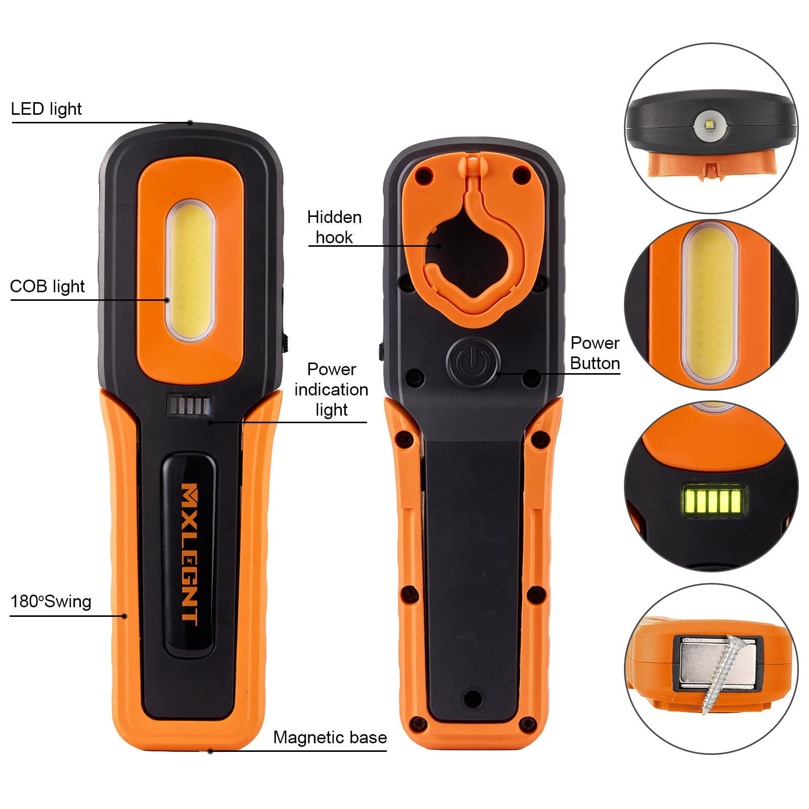 Lámpara de inspección de luz de trabajo: linterna LED magnética brillante recargable de 20 W con batería de 4500 mAh, 800 lúmenes, perfecta para mecánico de automóviles, taller