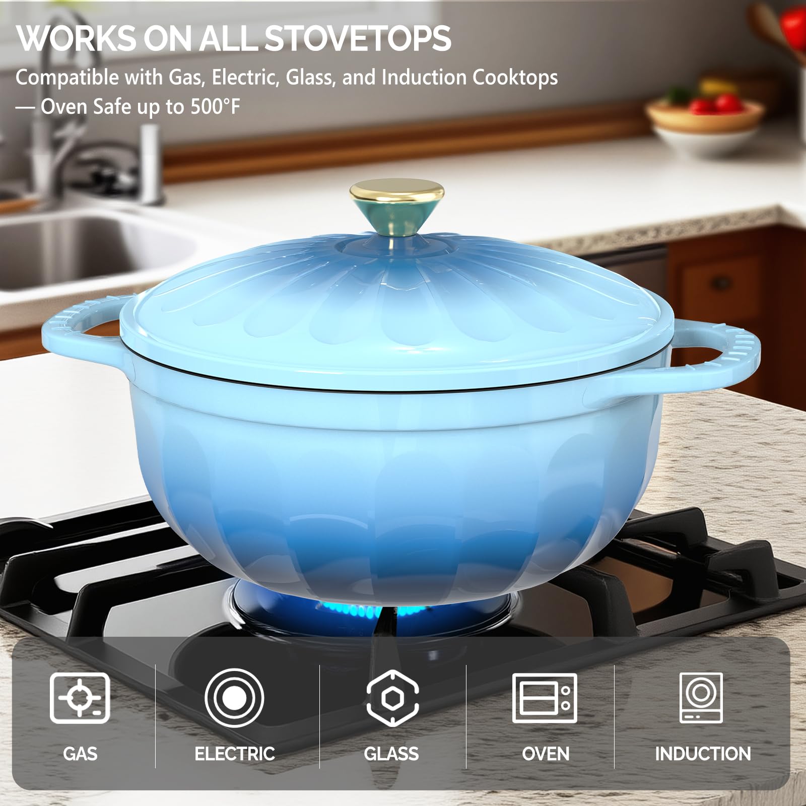 ROVSUN Forno olandese in ghisa smaltata a fiori, blu, 5QT