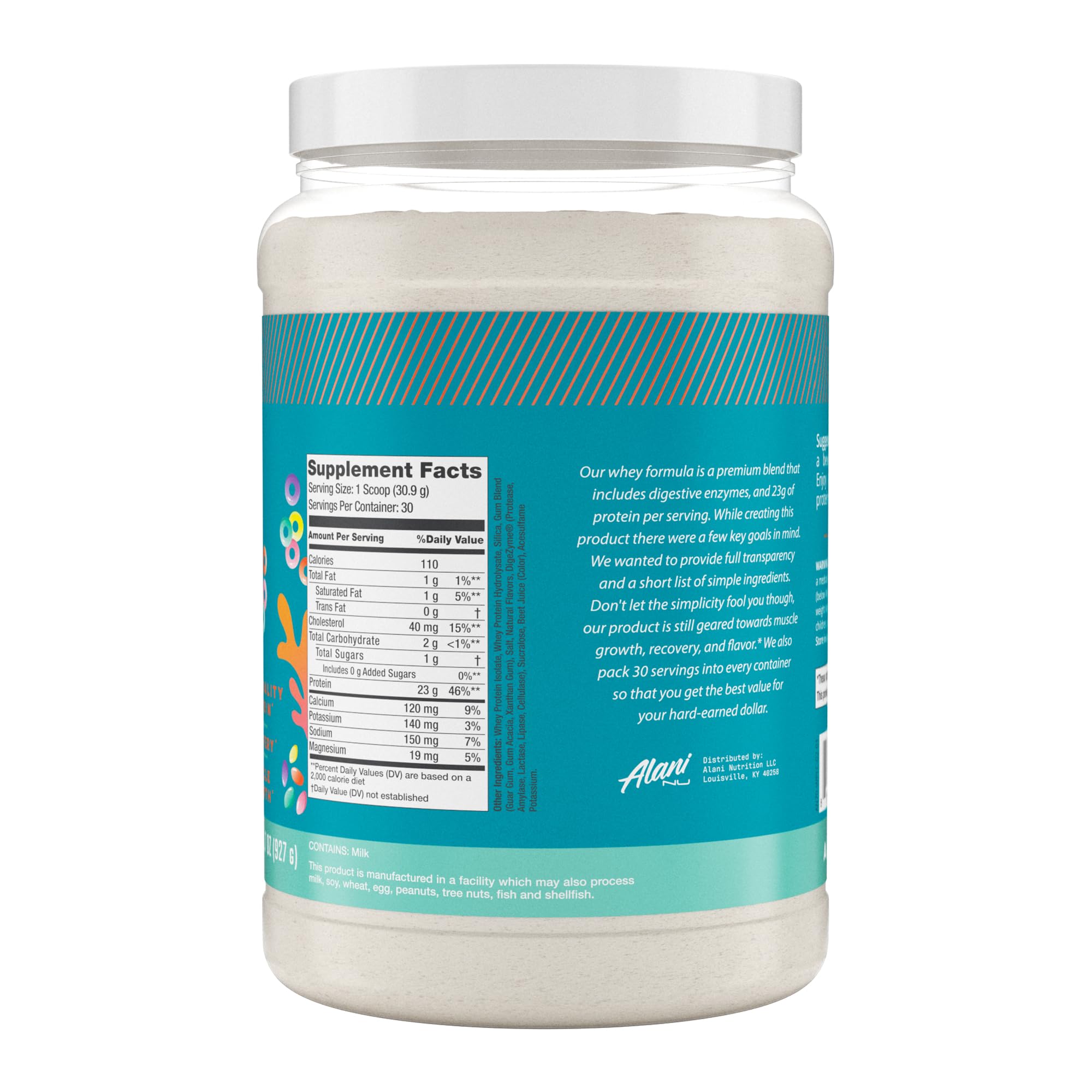 Alani Nu Whey Protein Powder Fruity Cereal | 23g Protein with Low Sugar & Digestive Enzymes | Meal Replacement Powder | Low Fat Low Carb Whey Isolate Protein Blend | 30 Servings