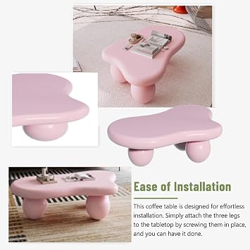 Modern Cloud Coffee Table with 3 Ball Legs, 47 Cute Irregular Shaped Coffee Table, Low Center Table Tea Table for Small Space Living Room, Bedroom, Pink