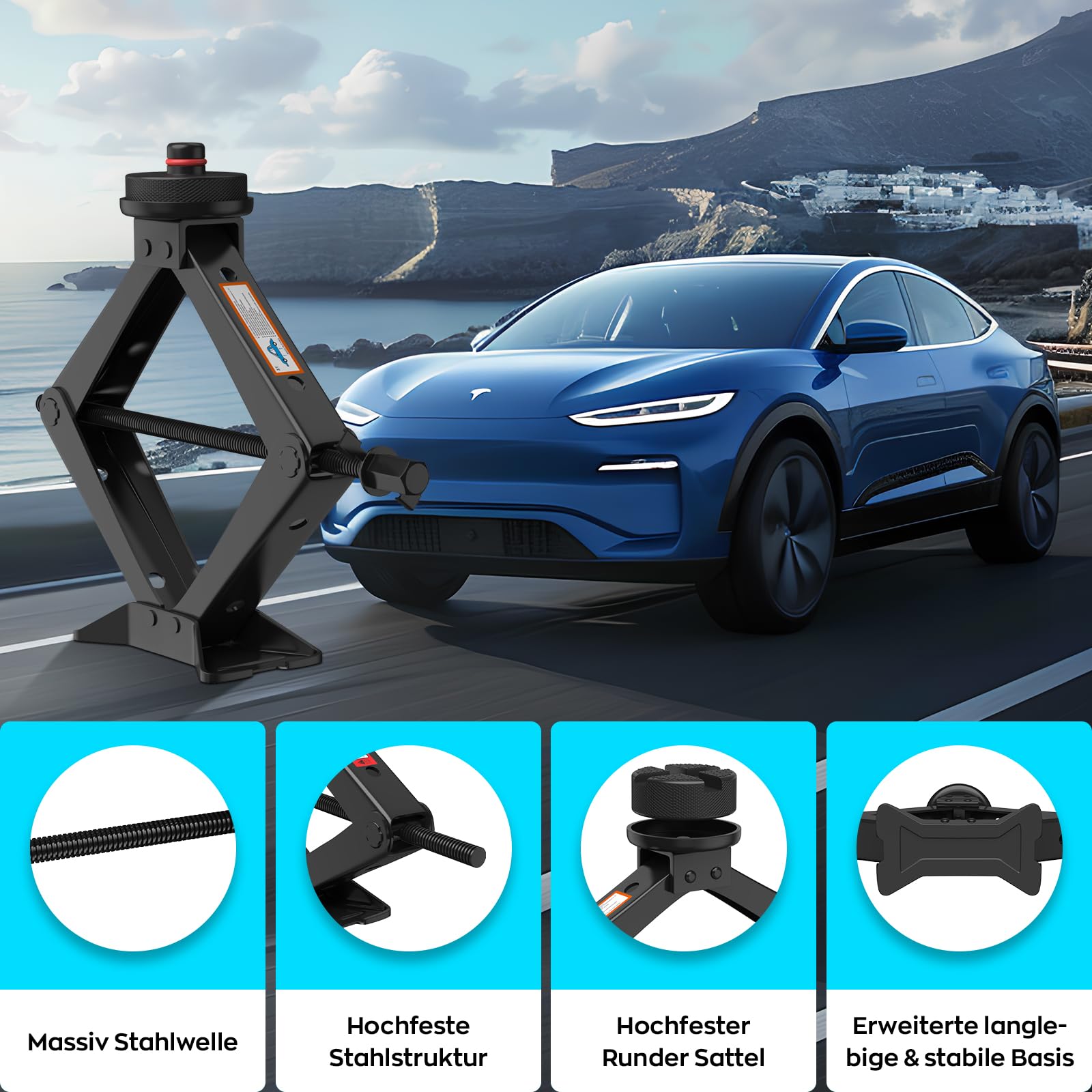 IMAYCC Nuevo Gato para Coche3T/3000kg, Kit de Gato Coche Universal con 2 Piezas Bloque de Goma, Portátil Kit de Emergencia con Llave de Tuercas de Rueda para SUV MPV Tesla