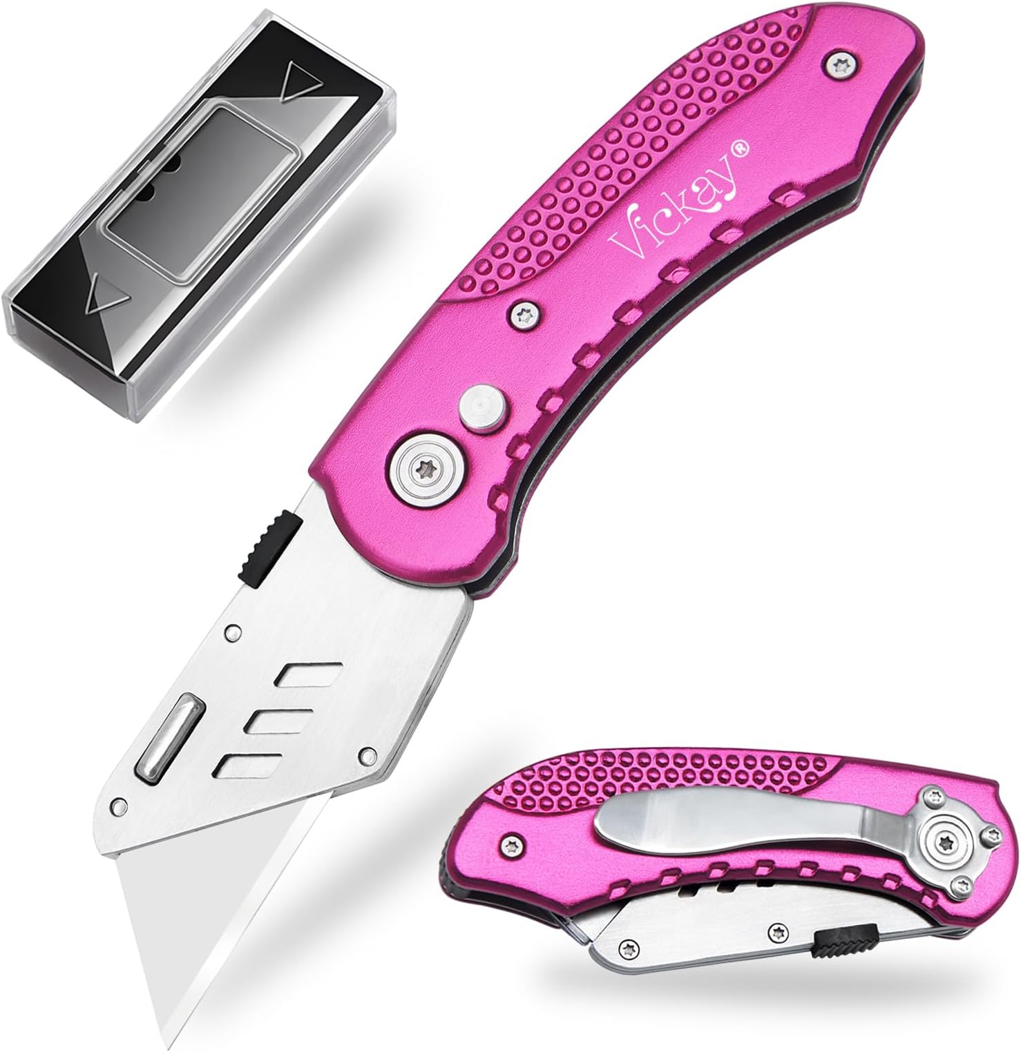 Vickay Folding Utility Knife, Box Cutter with 5 SK5 Quick Change Blades, Safety Axis Lock Design Razor Knife, Lightweight Aluminum Handle Belt Clip for Office Home Artcraft (Hot Pink)