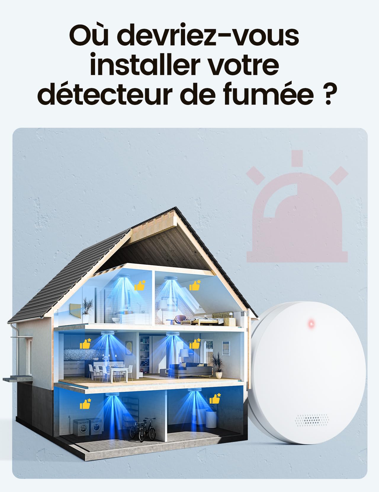 Détecteur de fumée 2024, Gagnant de la Batterie de 10 Ans pour Alarme Incendie, Détecteur de Fumée, sans perçage, 85dB, Alarme de fumée, Autonome, Non interconnexion - 1 pièce
