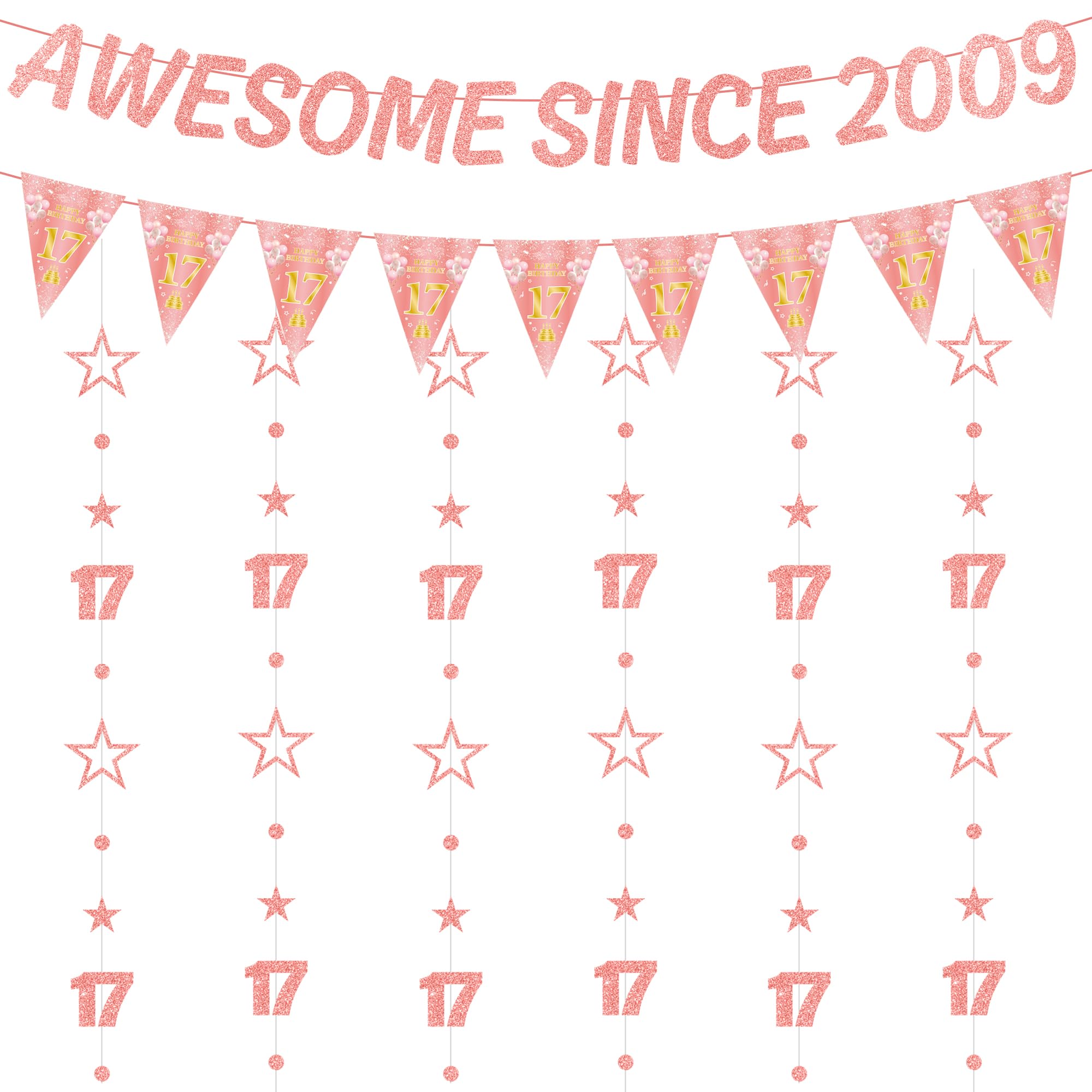 17th Birthday Decorations Banner Girl - 8 Pcs Rose Gold Awsome Since 2009 Banners Triangle Flags Number 17 Circle Dot Twinkle Star Garland for Seventeen Girls Year Old Party Supplies Decor