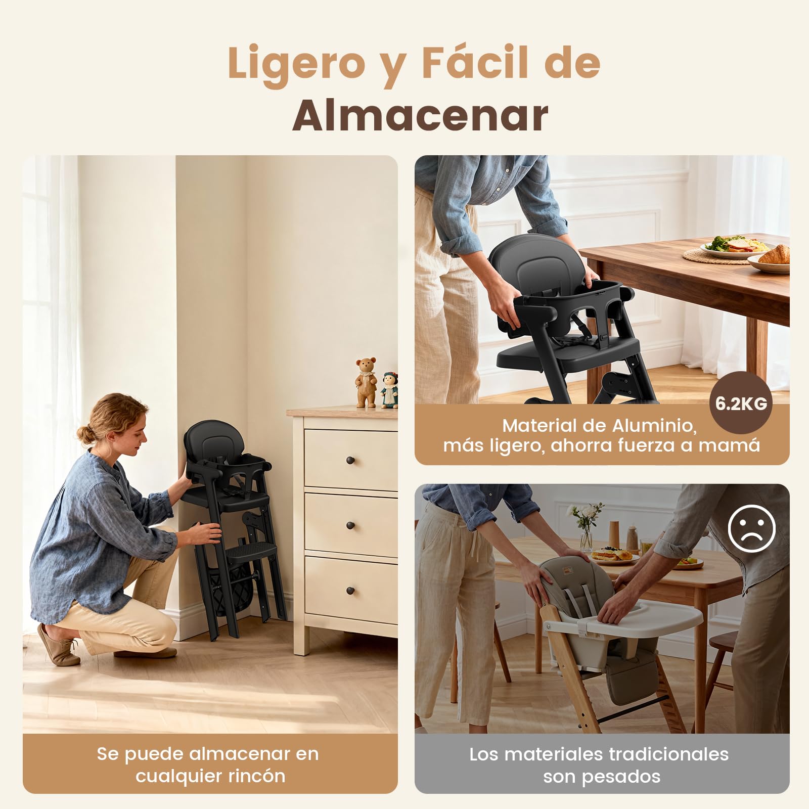 Trona Evolutiva Bebé-Plegable, Tronas de Bebe Regulable, 6 Meses-90 KG, con Bandeja/Cojín/Arnés de 5 Puntos/Bandeja, Tronas Evolutivas Fácil de Limpiar, Ergonómica (Negro)
