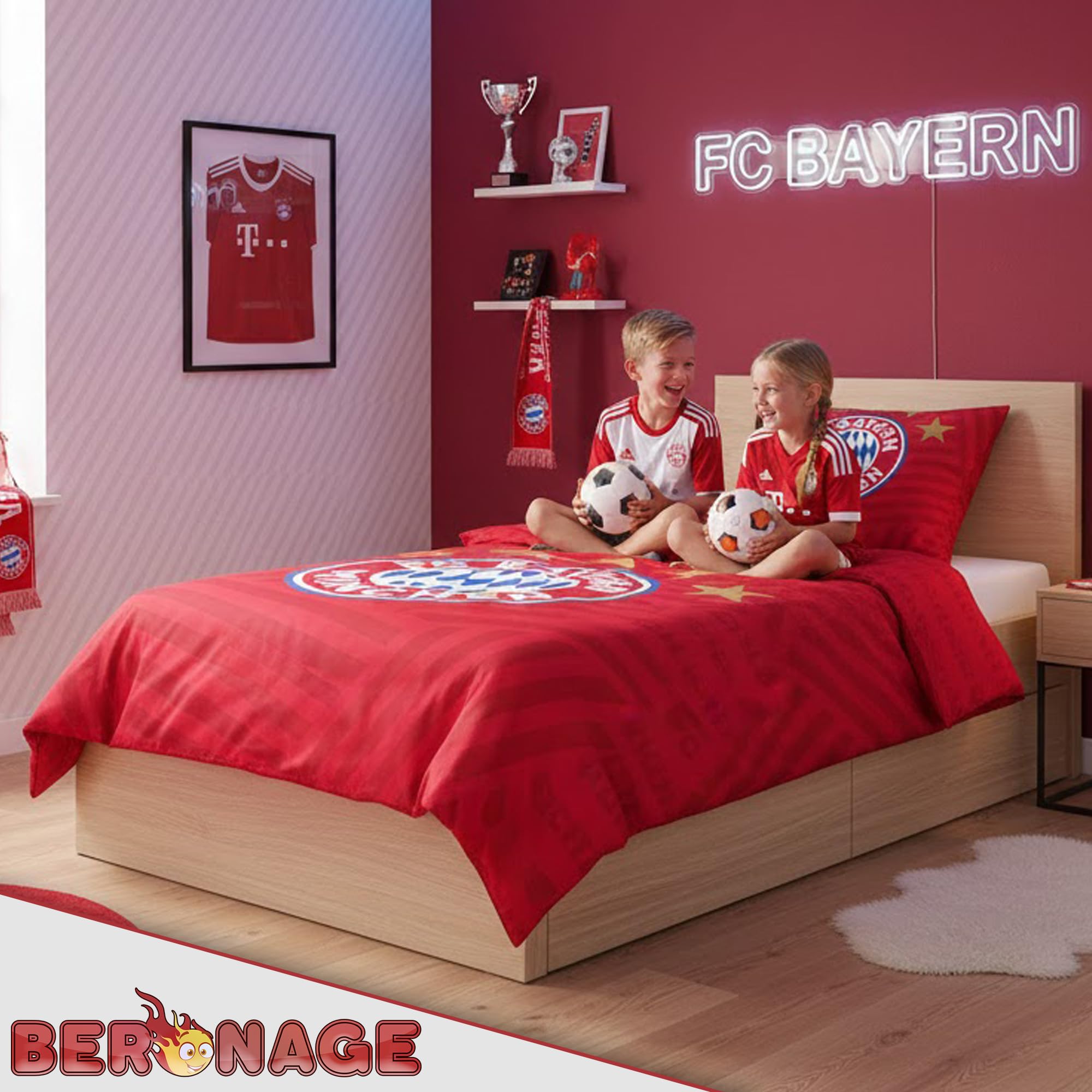 FC Bayern München Bettwäsche 5 Sterne Rot 135x200 cm + 80x80 cm 100% Baumwolle Renforcé/Linon Rekordmeister Mia san Mia Allianz Arena Fußball Fanartikel Reißverschluss Geschenkidee Kane Musiala Olise