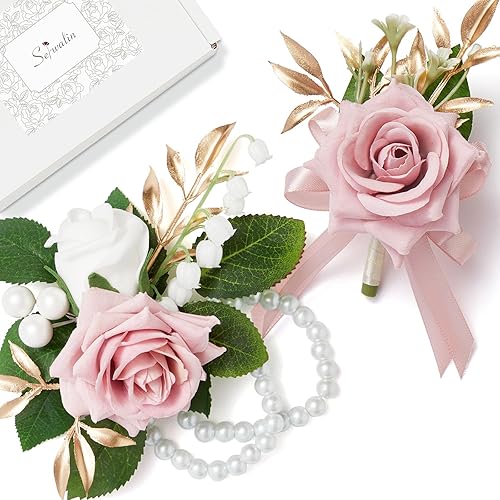 Serwalin Juego de ramillete y boutonniere rosa, ramillete de graduación y boutonniere, juego de flores de boda, accesorios de fiesta de bienvenida,