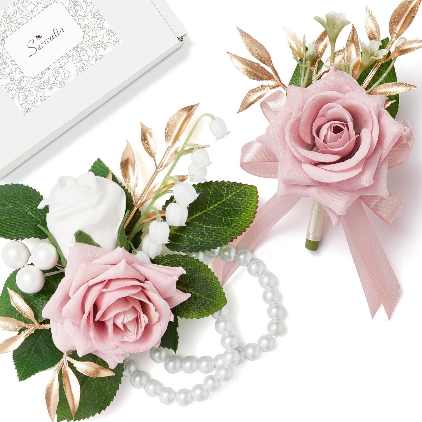 Photo 1 of Serwalin Pink Corsage and Boutonniere Set, Prom Corsage and Boutonniere Set of Wedding Flowers Homecoming Accessories Party Suit Decoration