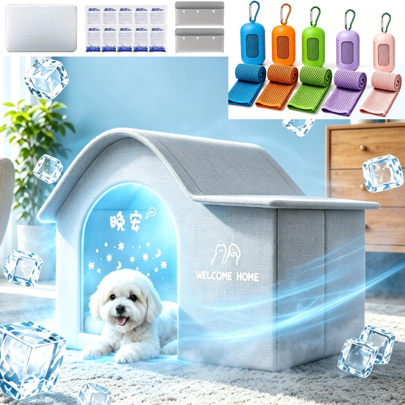 Bundle with 5pcs Cooling Towel, All‑Season Outdoor Cat Cooling House Weatherproof, Dog Tent Cave for Indoor in Summer or Winter with Ice Packs, Door and Soft Mat, Foldable Leak‑Proof Shelter for Pets
