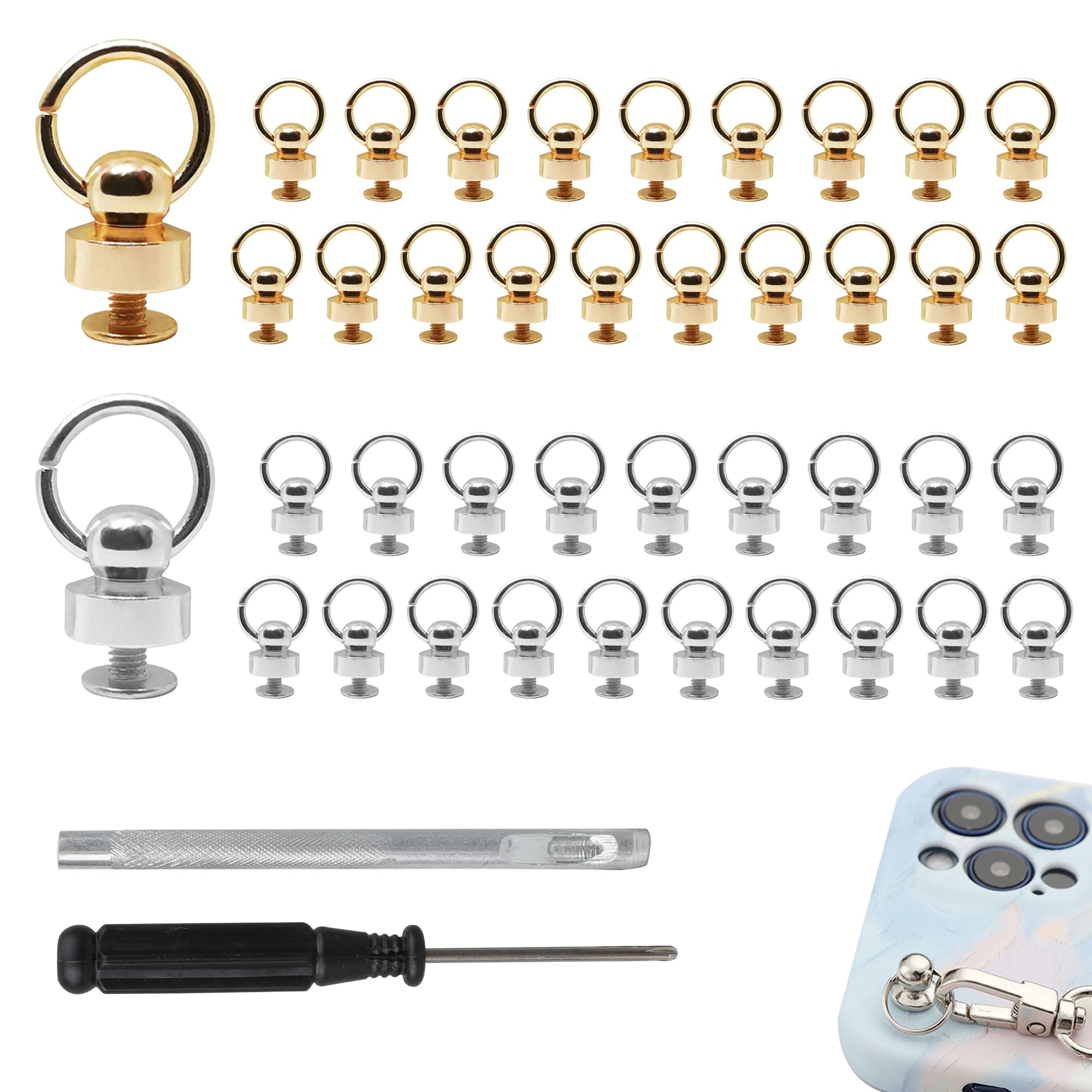 82 Pcs Round Head Rivet Studs with Ring 8mm O-Ring Button Stud Rivets DIY Leather Craft Rivets with Pull Ring Buckle Screw Screwdriver and Hole Puncher for Wallet Phone Case Handbag Decoration