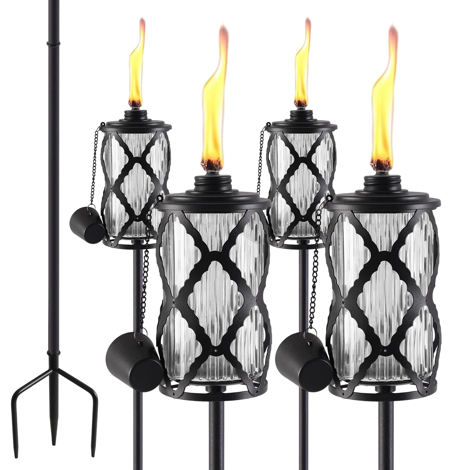 MQKIWAO 4 Pack Glass Citronella Torches, 16 oz Garden Torches for Outside with 3-Prong Grounded Stake, 55 inch Upgraded Outdoor Clear Glass Lanterns Torches for Garden, Patio, Party, Landscape Decor