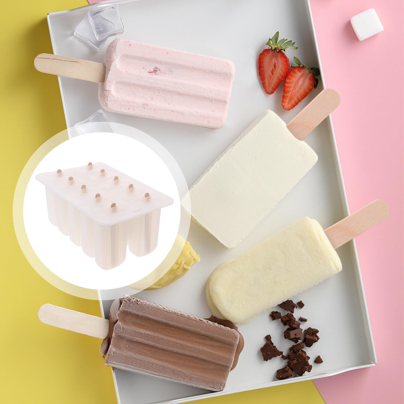 SECFOU Moule à Glace Réutilisable Facile à Démouler Couleur Aléatoire Estivales en Silicone avec 10 Cavités et Autocollants en Bois pour Préparer des Glaces Maison