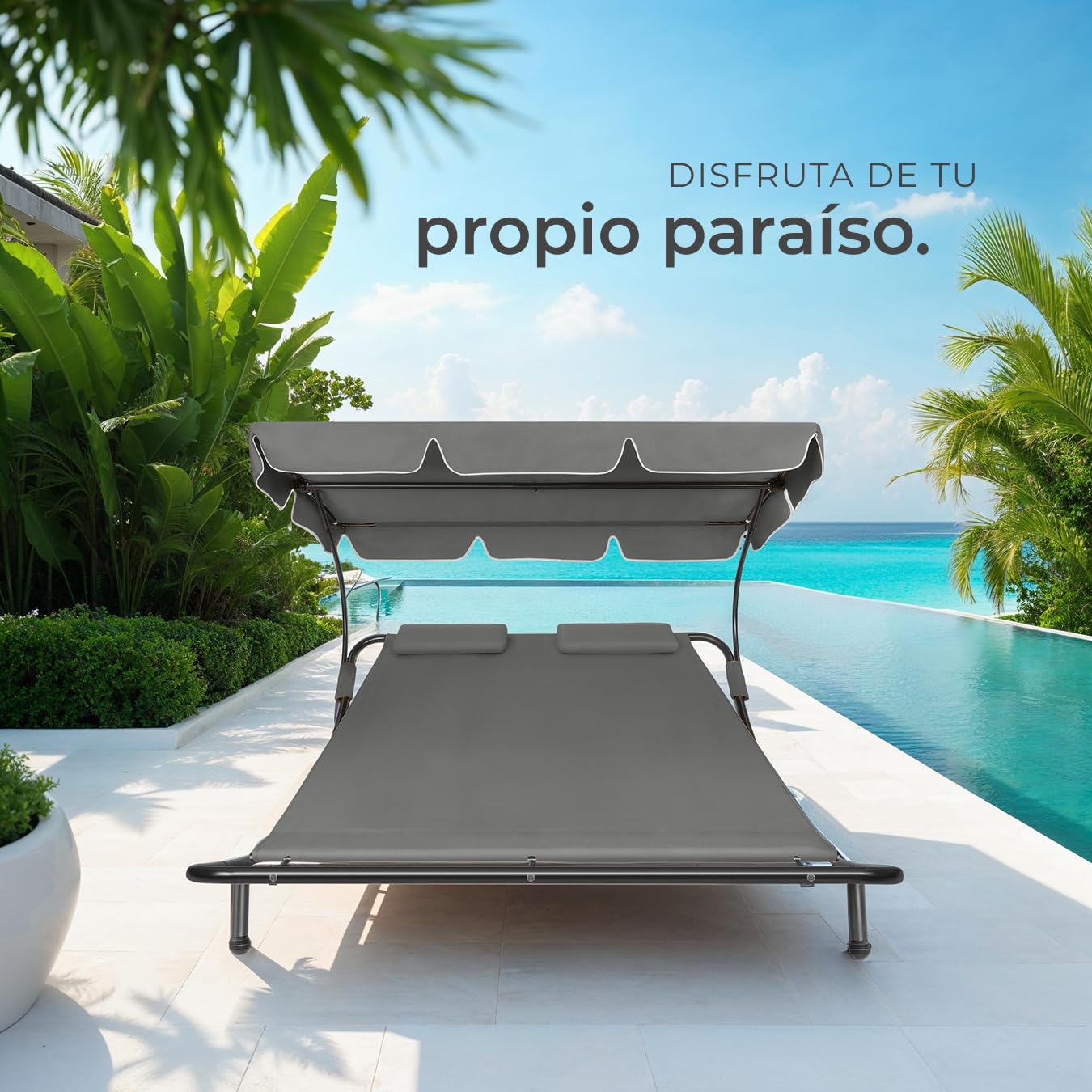 tectake® Tumbona Doble de Jardín, Tumbona de Playa con Parasol Plegable, Tumbonas de Piscina para Dos, para Jardín Exterior con 2 Ruedas y Cojines, Fácil Montaje, Interior y Exterior - Negro/Gris