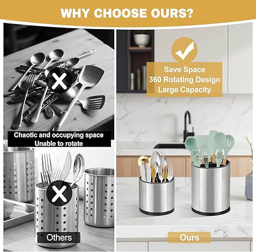Miniatura 3 de Juego de 2 soportes para utensilios de cocina, de acero inoxidable giratorio de 360, soporte grande para utensilios de cocina para encimera,