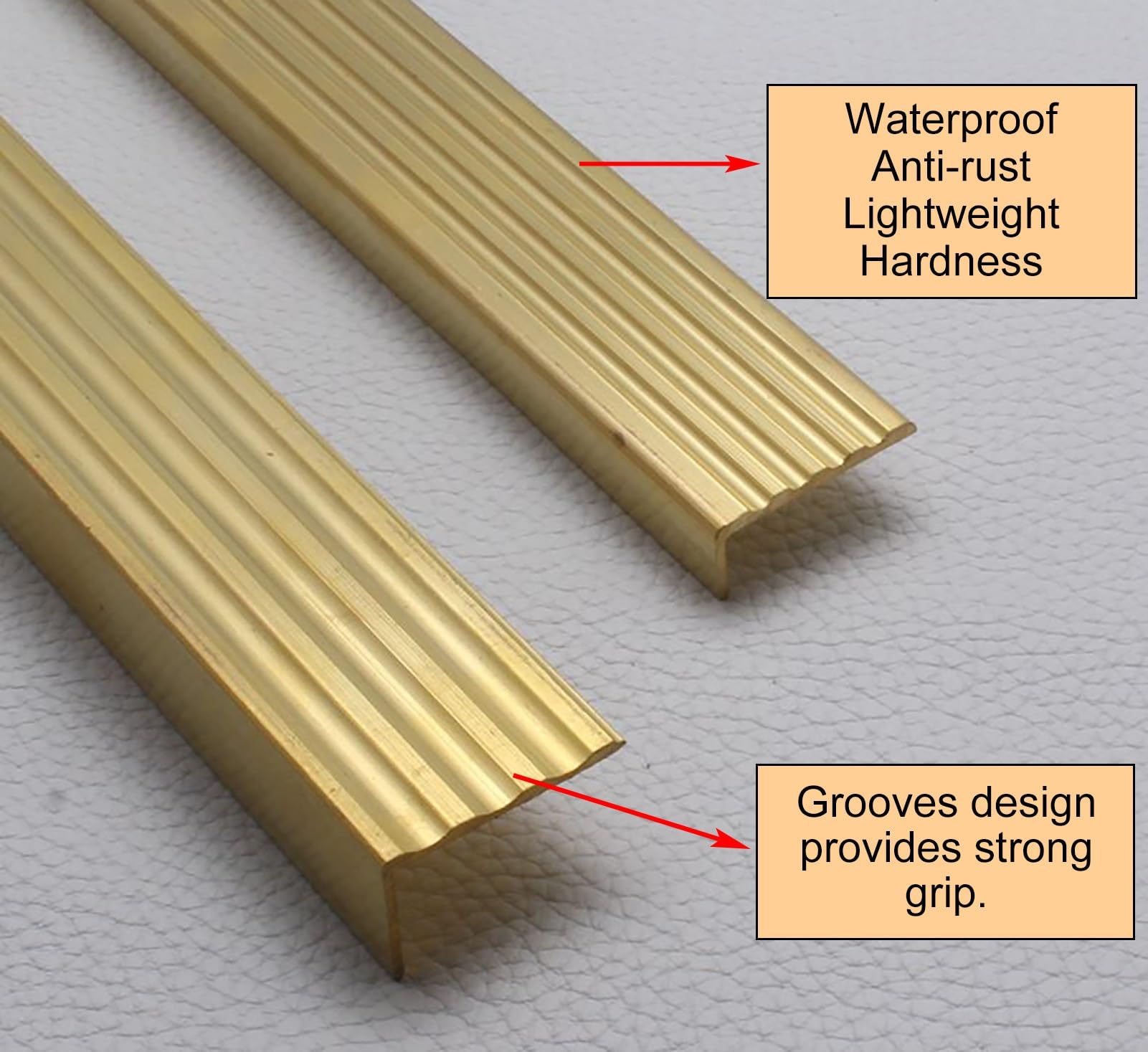 Moldura de suelo antideslizante dorada para escalones de madera para interiores y exteriores, 2,9 x 1,2 cm