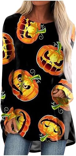 Womens Tops 2023 Trendy Versatile Helloween Print Casual Loose Shirts Long Sleeve Crewneck Medium Length Comfy Tees