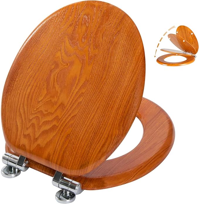 Angel Shield Wood Veneer Natural Toilet Seat with Quiet Close,Easy