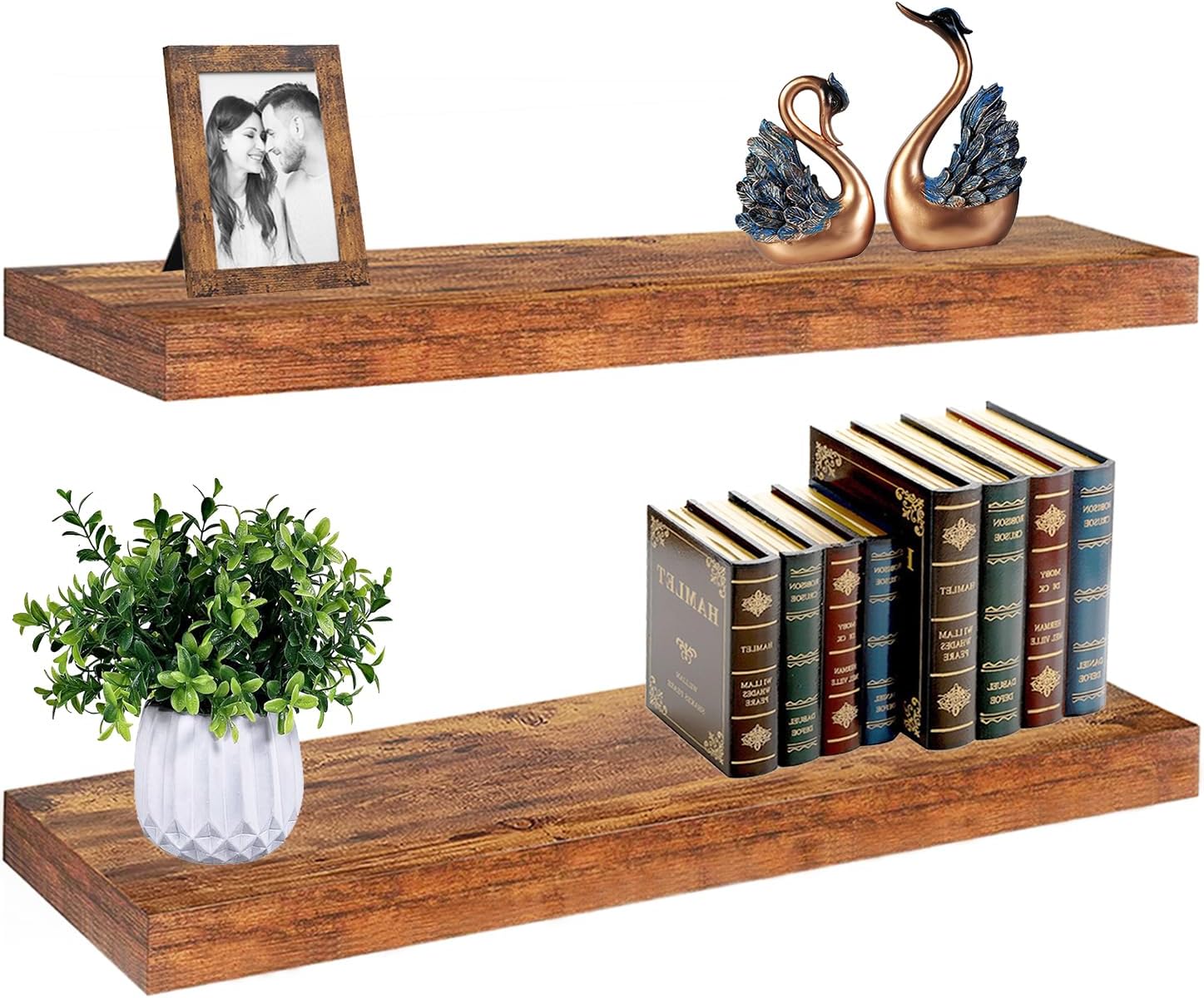 Long 36 Inch Floating Shelves - Rustic Floating Shelves for Wall with 1/5" Thicker Steel Brackets | Heavy Duty Farmhouse Wall Shelves | Solid wood Core | Rustic Wood Shelves for Bedroom Décor Set of 2