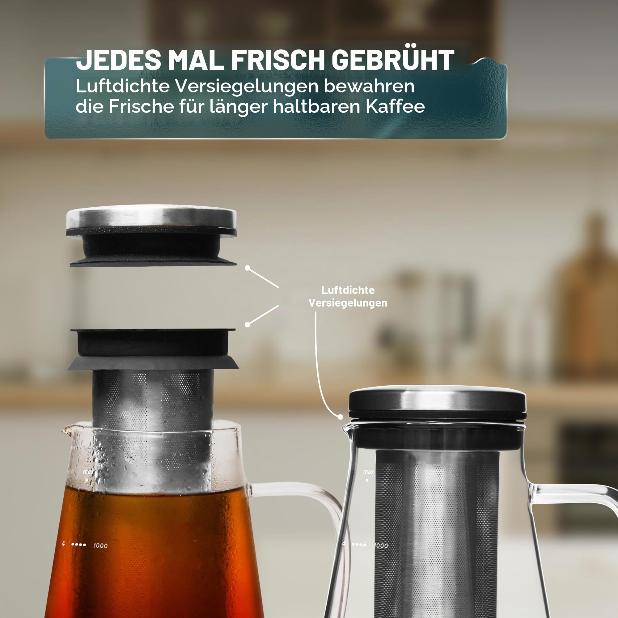ovalware Cold Brew Coffee Maker - Luftdichte Kaffeemaschine für kalten Kaffee und Teesieb mit Ausguss RJ3 Brühglaskaraffe mit (1.0 Liter)