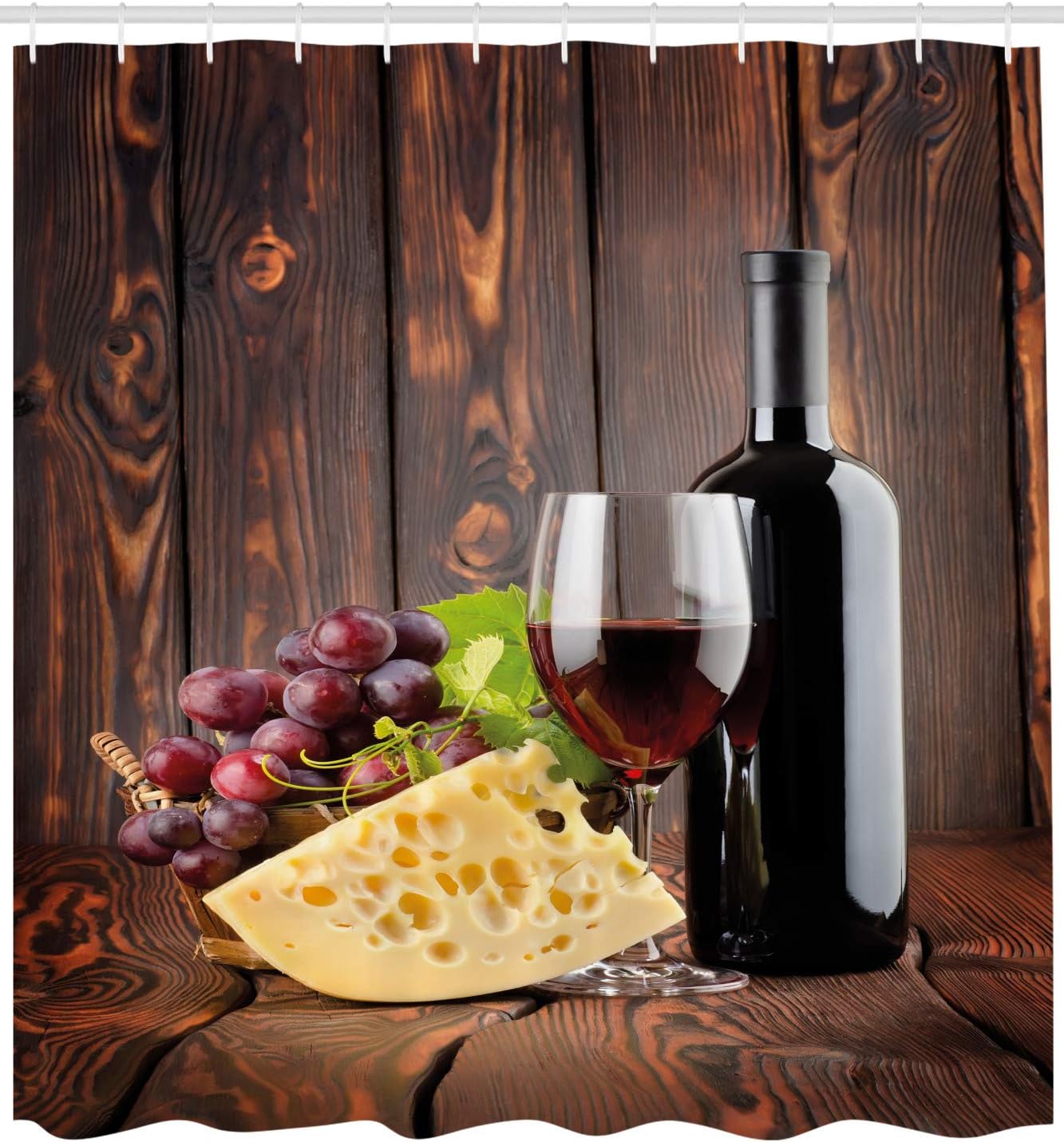 Ambesonne Wine Shower Curtain, Red Wine Cabernet Bottle and Glass Cheese and Grapes on Wood Planks Print, Cloth Fabric Bathroom Decor Set with Hooks, 69" W x 70" L, Brown Burgundy Cream