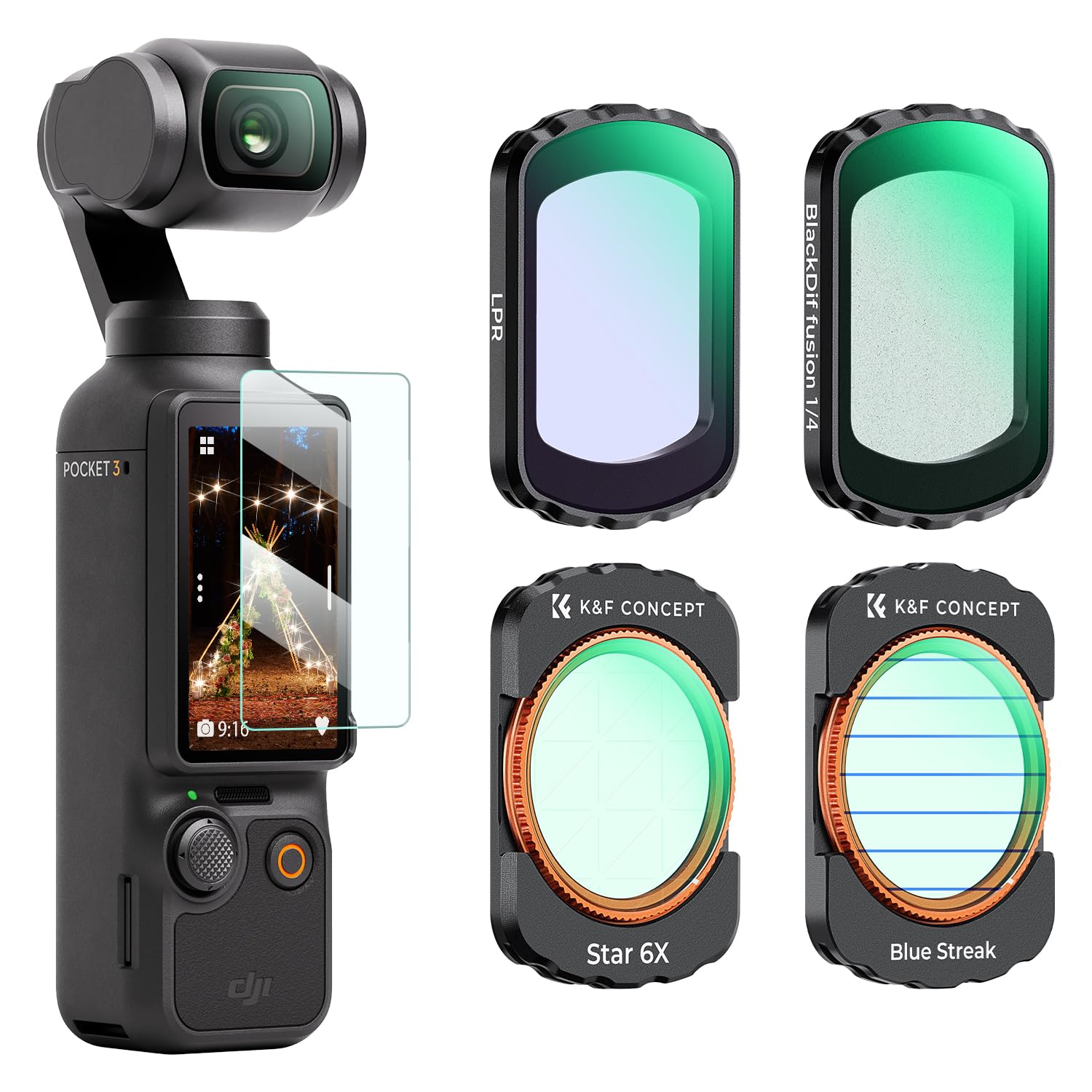 K&F Concept 4 Pack Magnetic Effect Filter Set Compatible with DJI Osmo Pocket 4/3, Black Diffusion 1/4 + Blue Streak + Light Pollution Reduction + Star Light Filter, Create Cinematic Film Effect
