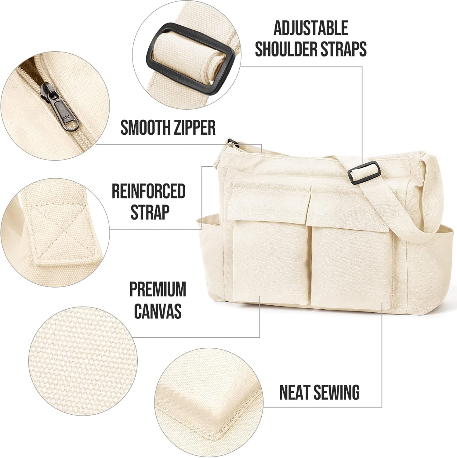 Canvas Messenger Bag Hobo Shoulder Bag Crossbody Bag with Multiple Pockets Large Tote Bag Handbag for Women Men - Image 3