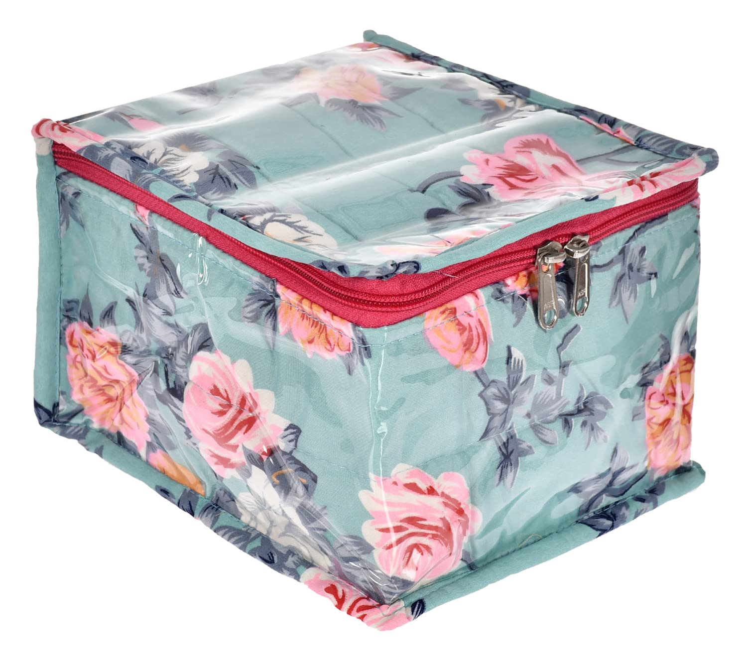 Kuber Industries Flower Printed Laminated PVC Multipurpose Jewellery Organizer with 10 Tranasparent Pouches (Green)-45LUG022