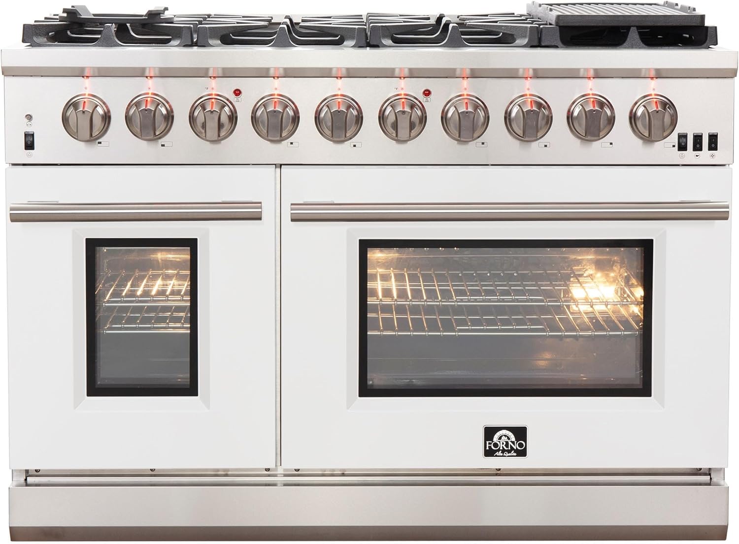 FORNO Capriasca Full Gas 48" Freestanding Range with 8 Sealed Burners Cooktop - 6.58 cu ft Double Gas Convection Oven Capacity, Stainless Steel Heavy Duty Cast Iron Grates White Door - FFSGS6260-48WHT