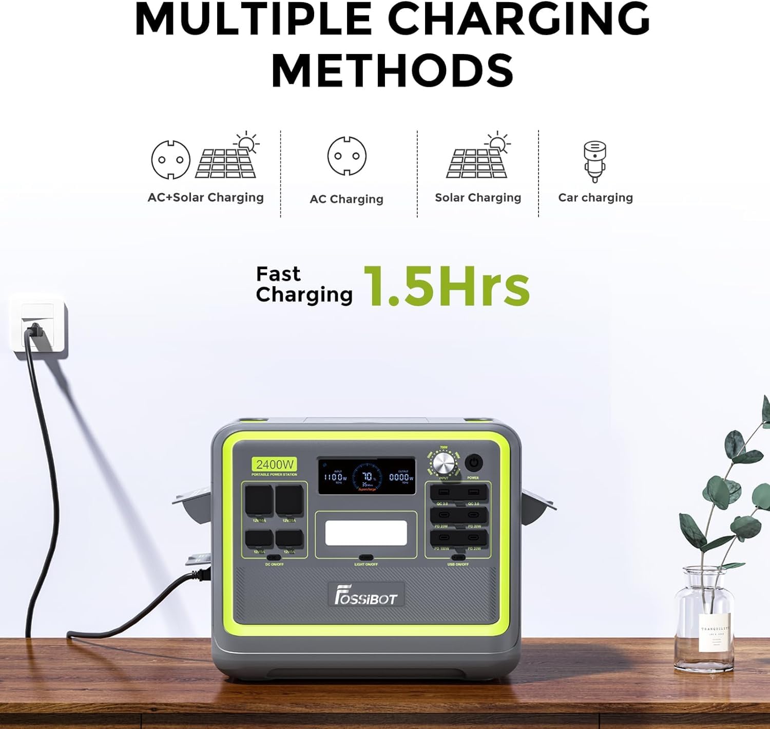 FOSSiBOT F2400 Generatore Solare con Pannelli Solari da 420 W, Batteria LiFePO4 da 2048Wh con Uscita da 2400 W, Ricarica Rapida di 1,5 ore, Centrale Elettrica Portatile per Campeggio e Camper