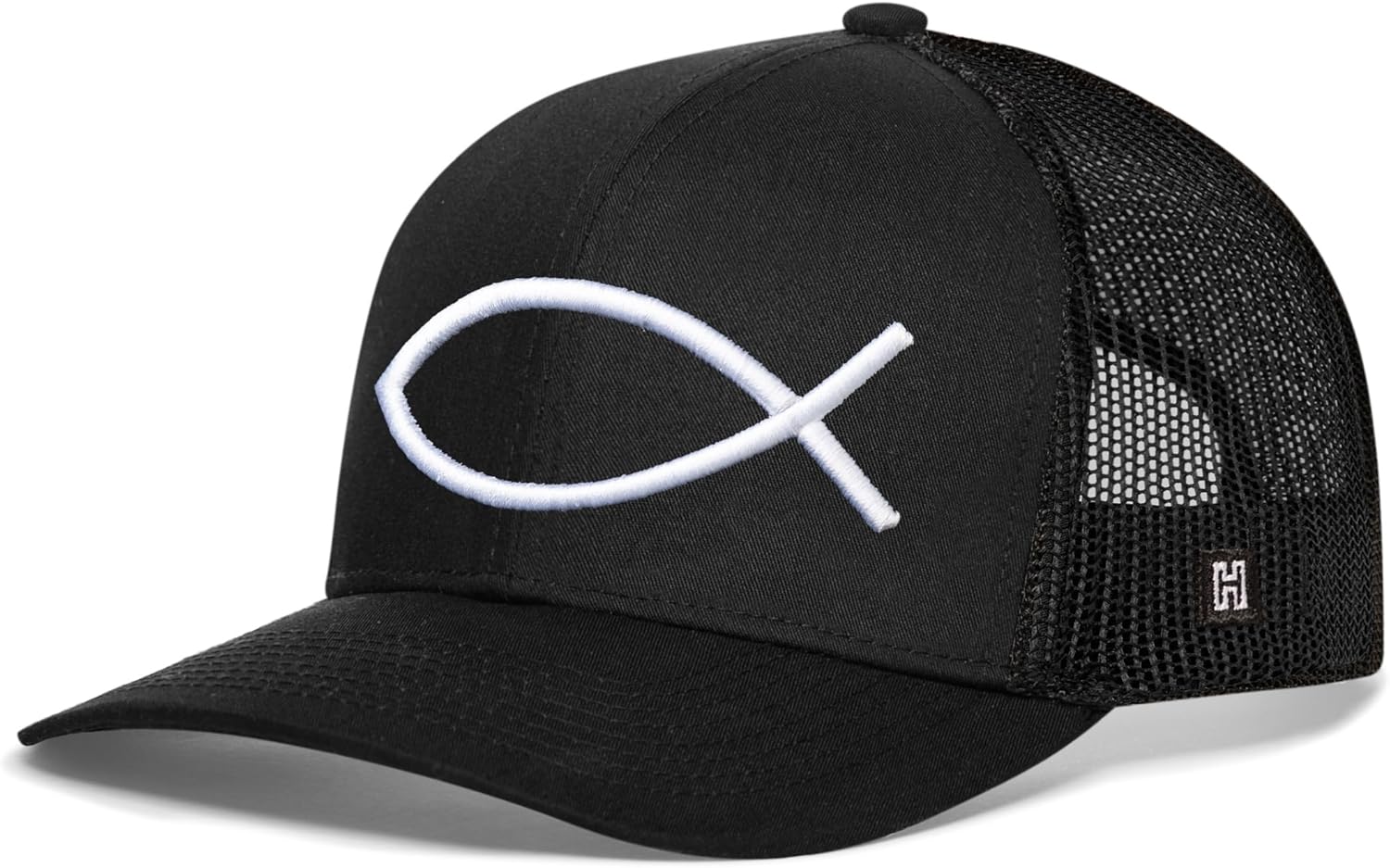 HAKA Ichthys Black Trucker Hat – Fish Mesh Snapback Cap for Men, Women & Golf, Christian Design Baseball Dad Hat