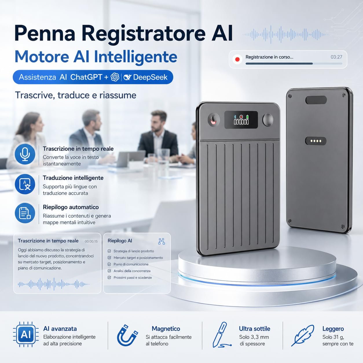 Volovivo Registratore vocale smart AI con schermo, 64 GB, 256 lingue | Registratore AI con trascrizione live, sintesi, traduzione e memoria da 64 GB