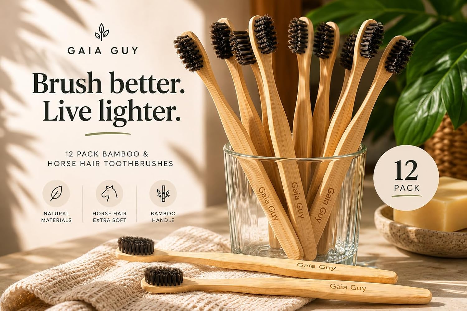Gaia Guy Bamboo Toothbrushes with Natural Horsehair Bristles, 12 Pack – Medium Soft Natural Bristles, Nylon-Free, Bamboo Handles, Plastic-Free Alternative to Conventional Toothbrushes image 4