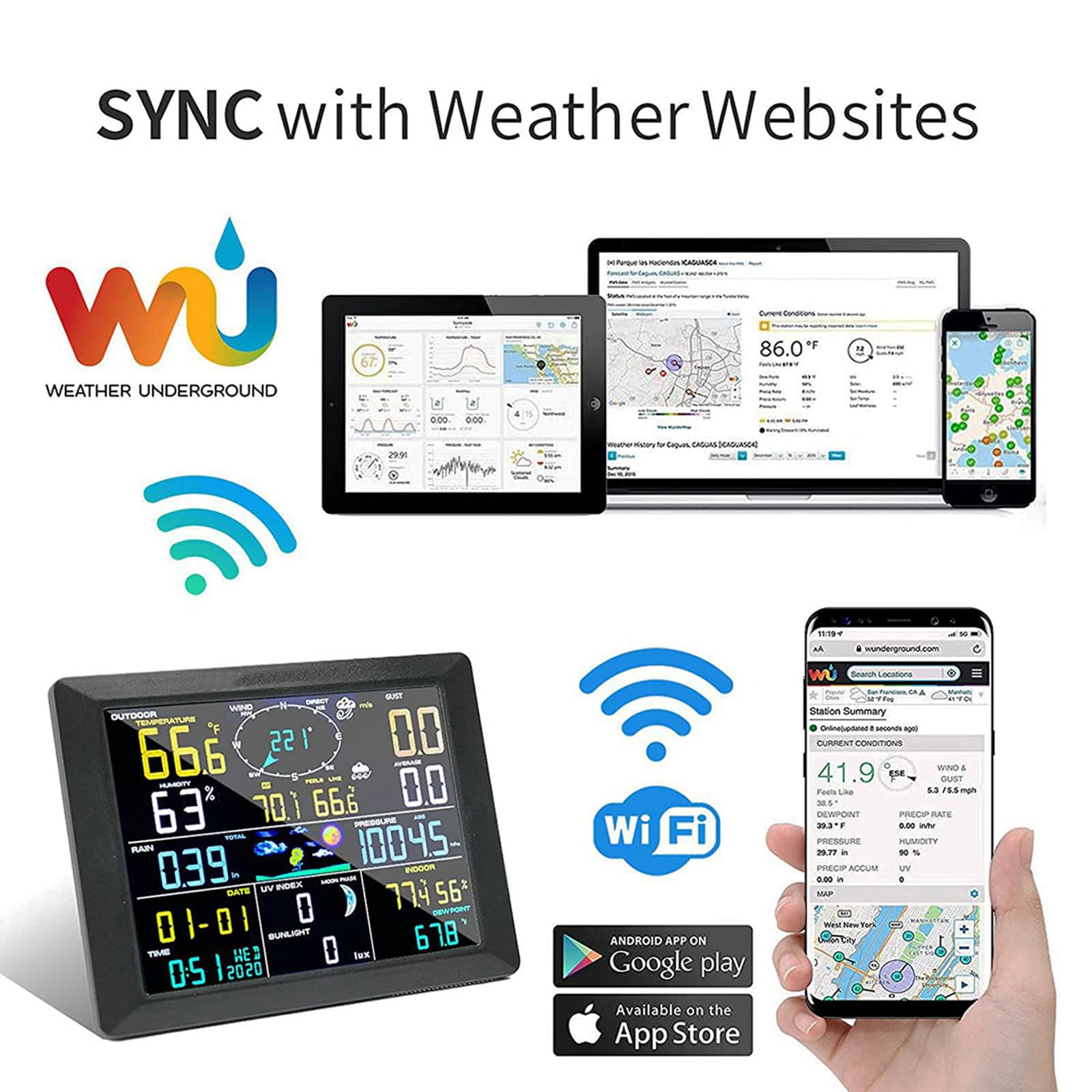 Estación meteorológica WiFi 7 en 1 con Internet inalámbrico y Sensor para exteriores, termómetro para interiores y exteriores, humedad, pluviómetro, anemómetro, registros de Valore