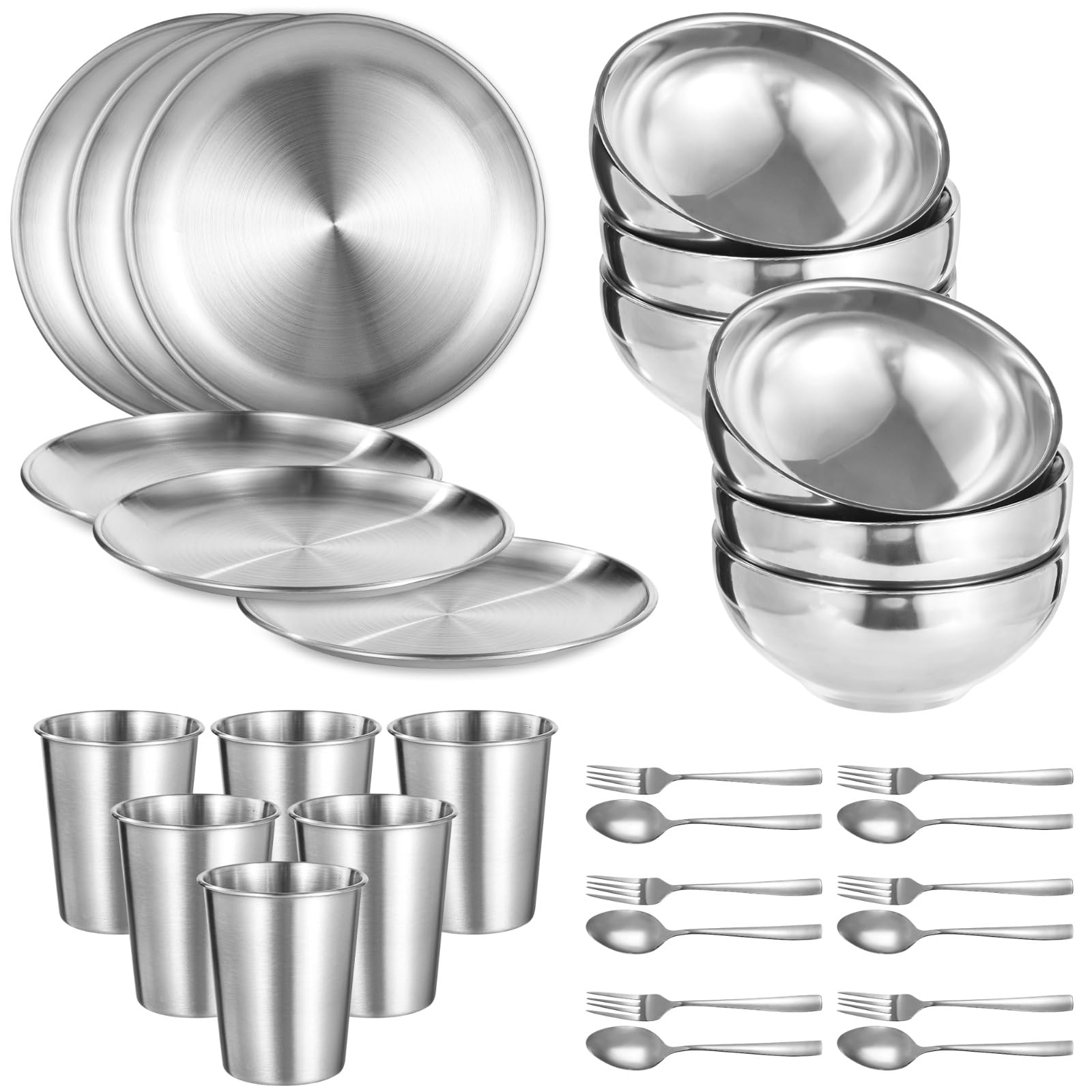 30-teiliges Camping-Besteck-Set aus Edelstahl, enthält 6 Teller, 6 Schüsseln, 6 Tassen, 6 Gabeln und 6 Löffel, wiederverwendbares Metall-Geschirr-Set, Küchengeschirr-Set für Zuhause, Outdoor und