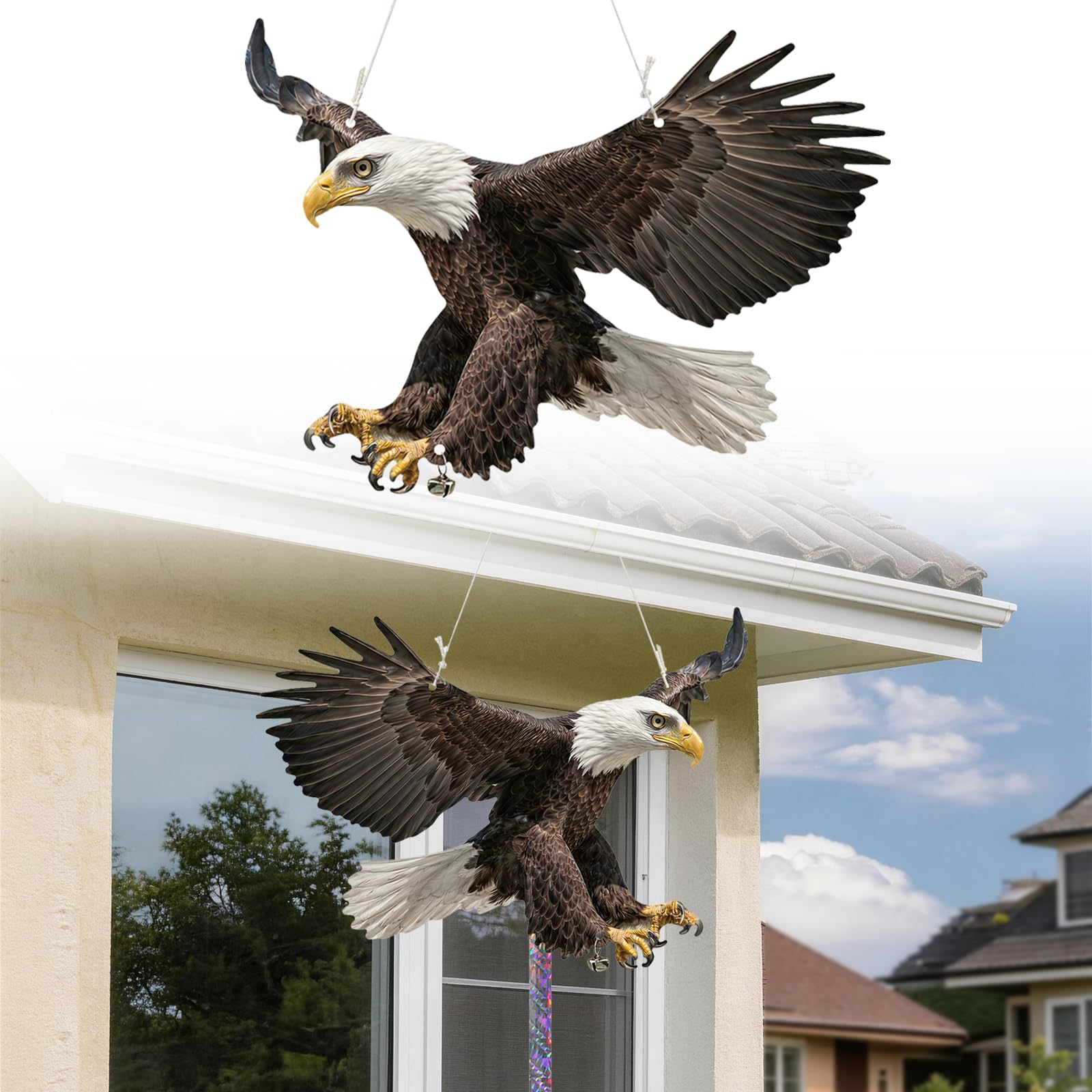 2pcs Flat Fake Eagle Bird Repellent Bird Scarers for Gardens, Pigeon Deterrent Hanging Flat Paper Fake Eagle for Gardens with Reflective Scarer Tape Seagull Deterrent Squirrel Birds Repellent Devices