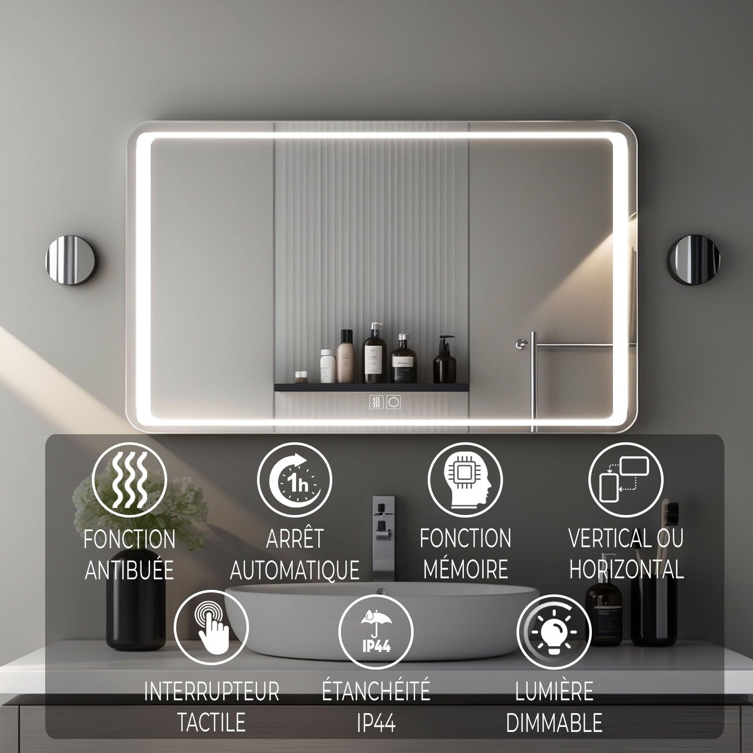 Miroir Lumineux 90x70 pour Salle de Bain avec Zone antibuée et luminosité réglable Pose Verticale ou Horizontale
