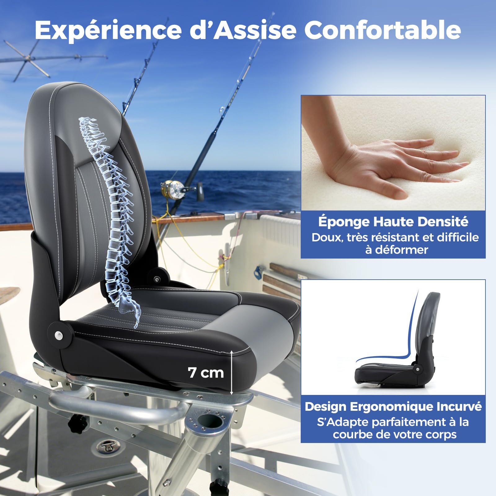 GYMAX Sièges de Bateau 2 Pièces, Dossier Haut Pliable, Siège en Simili Cuir, Rembourrage en Éponge, Compatible avec Piédestal Fixe ou Pivotant, pour Bateau de Pêche, Bateau de Tourisme, Yacht