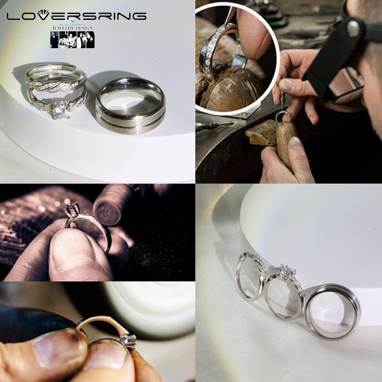 LOVERSRING Couple Ring Bridal Set His Hers White Gold Plated CZ Stainless Steel Wedding Ring Band Set