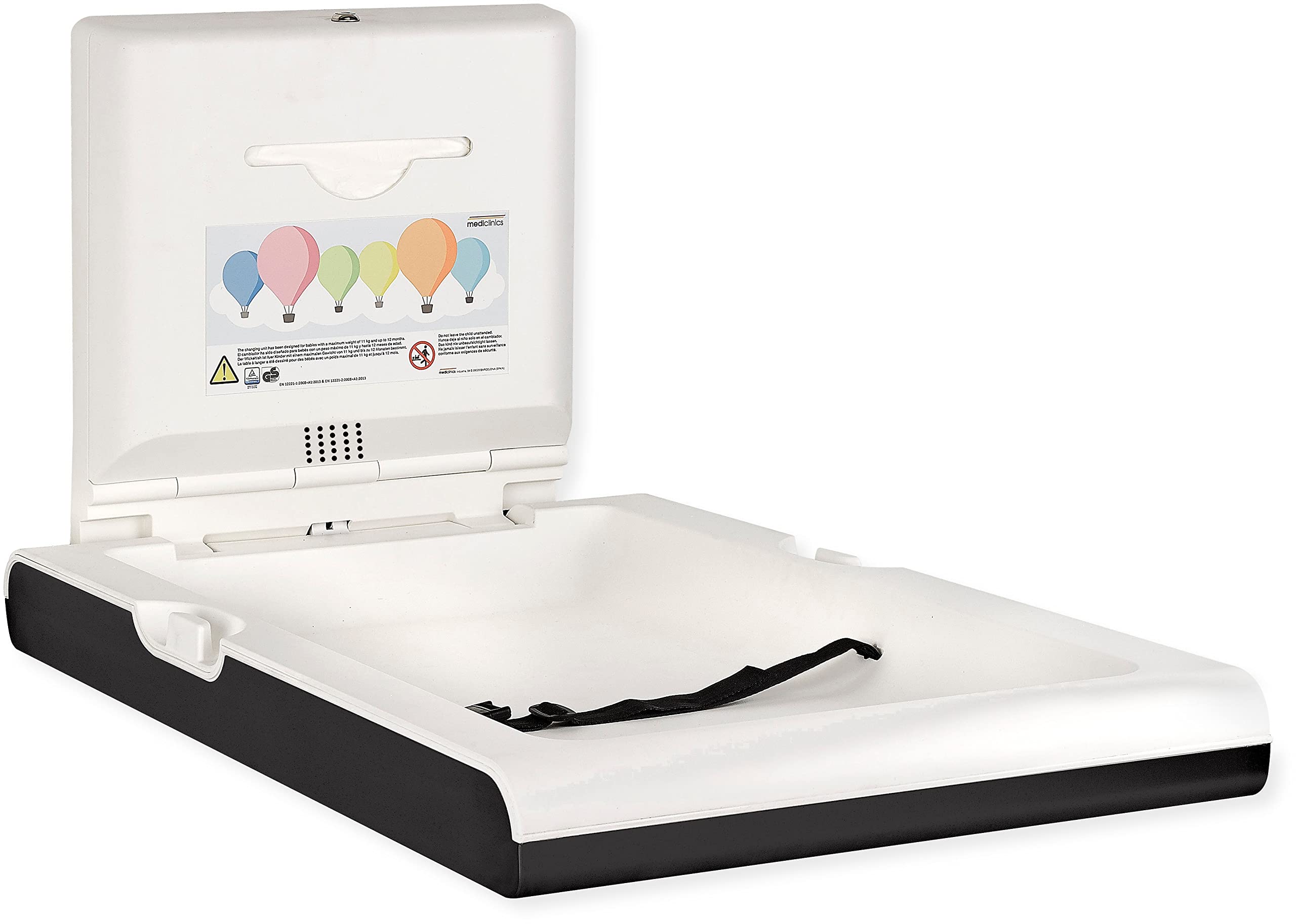 Saniflow CP0016VCSB-I-ASTM BabyMedi Vertical Surface-Mounted Baby Changing Station with Ionizer, Black/Stainless Steel; ADA Compliant; Liner Dispenser; Stainless Steel Frontal Chassis