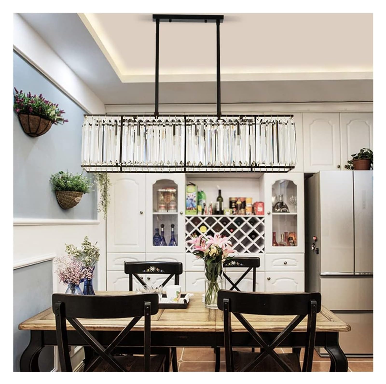 Matowy czarny kryształowy żyrandol - wpuszczana lampa wisząca LED z 4 światłami do kuchni i salonu - elegancki prostokątny design - nowoczesna oprawa oświetleniowa do domu