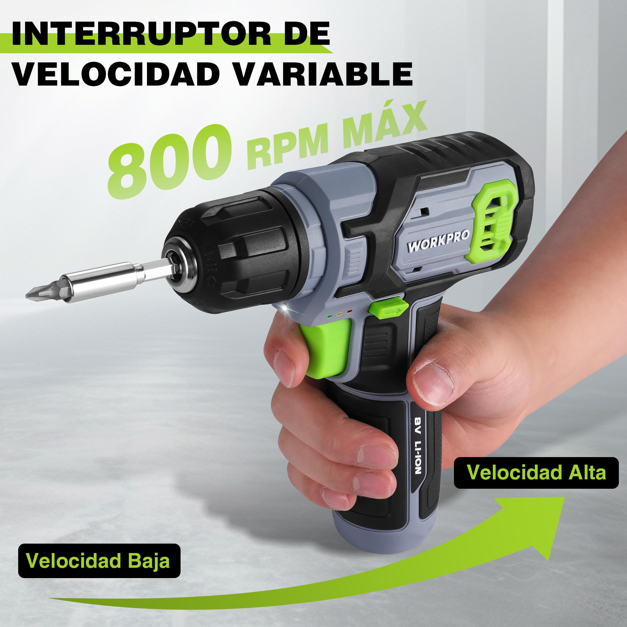 WORKPRO Atornillador Eléctrico 8V con 53 Accesorios | Destornillador Recargable con Velocidad Variable, Luz LED y Estuche para Montaje y Reparación